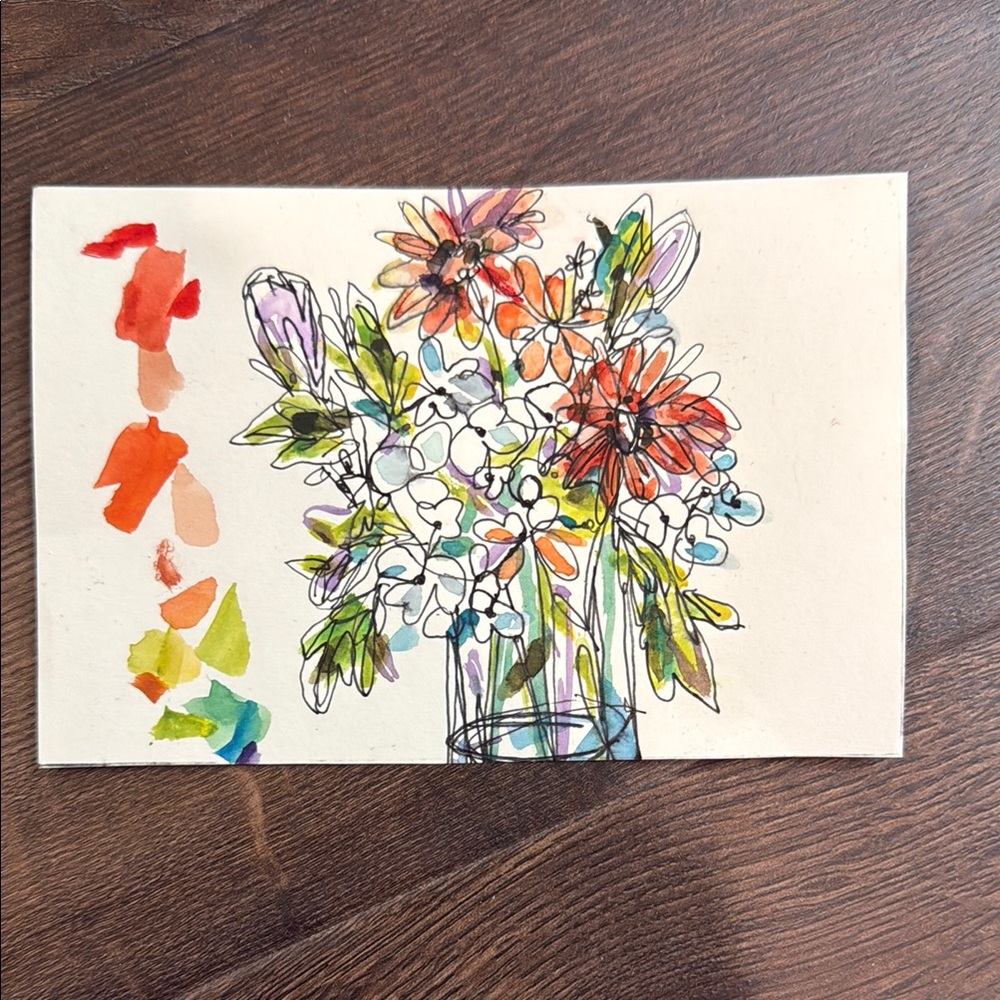 Vibrant Watercolor & Pen Floral Original Mixed Media Art Painting